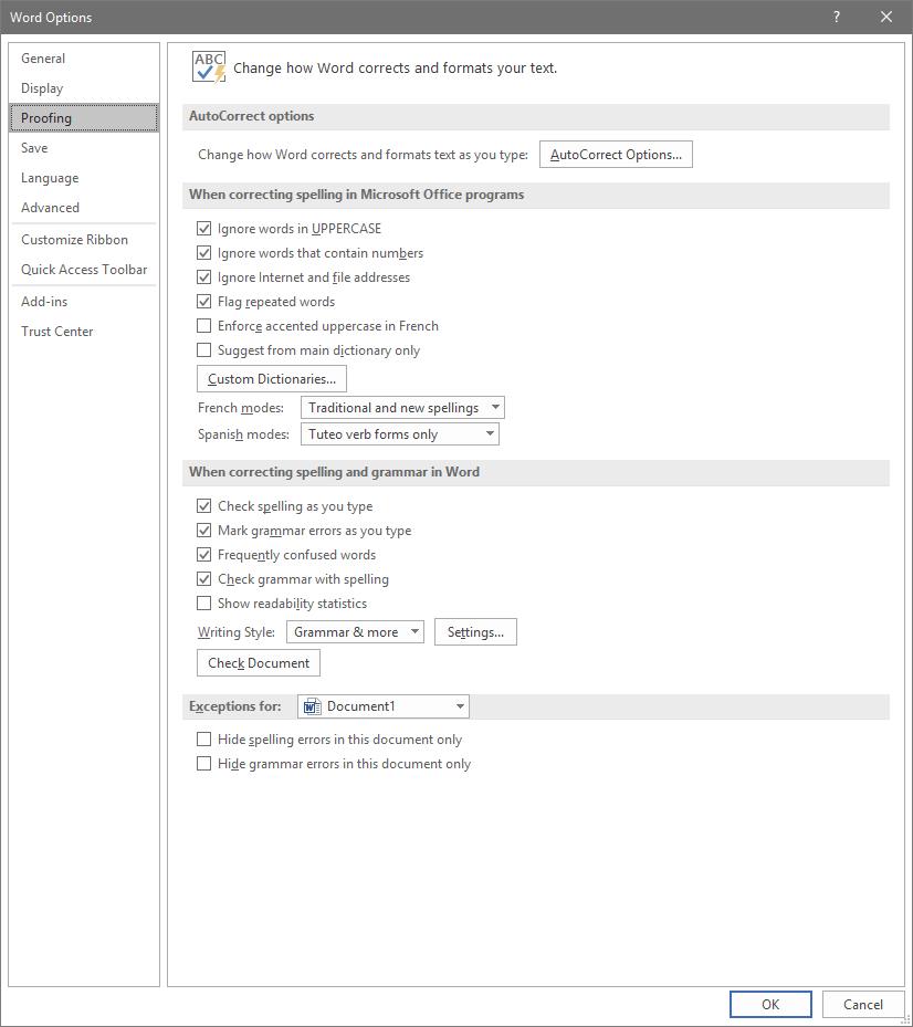 MS Word window with proofing option