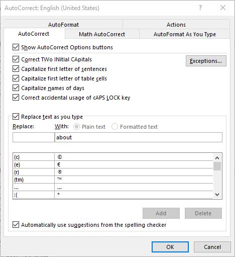 window showing adjusting autocorrect options