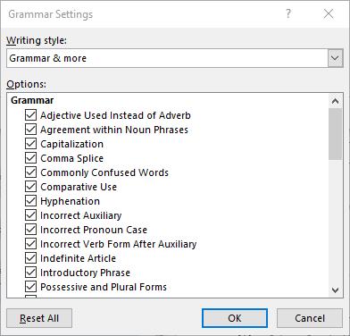 window showing spelling and grammar in Word